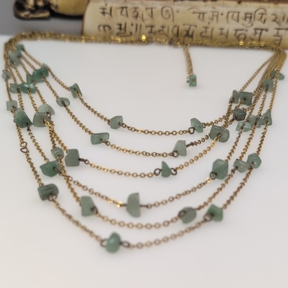 Gold and Jade Green Multi-Strand Necklace with Cascading Design - Picture 5 of 6